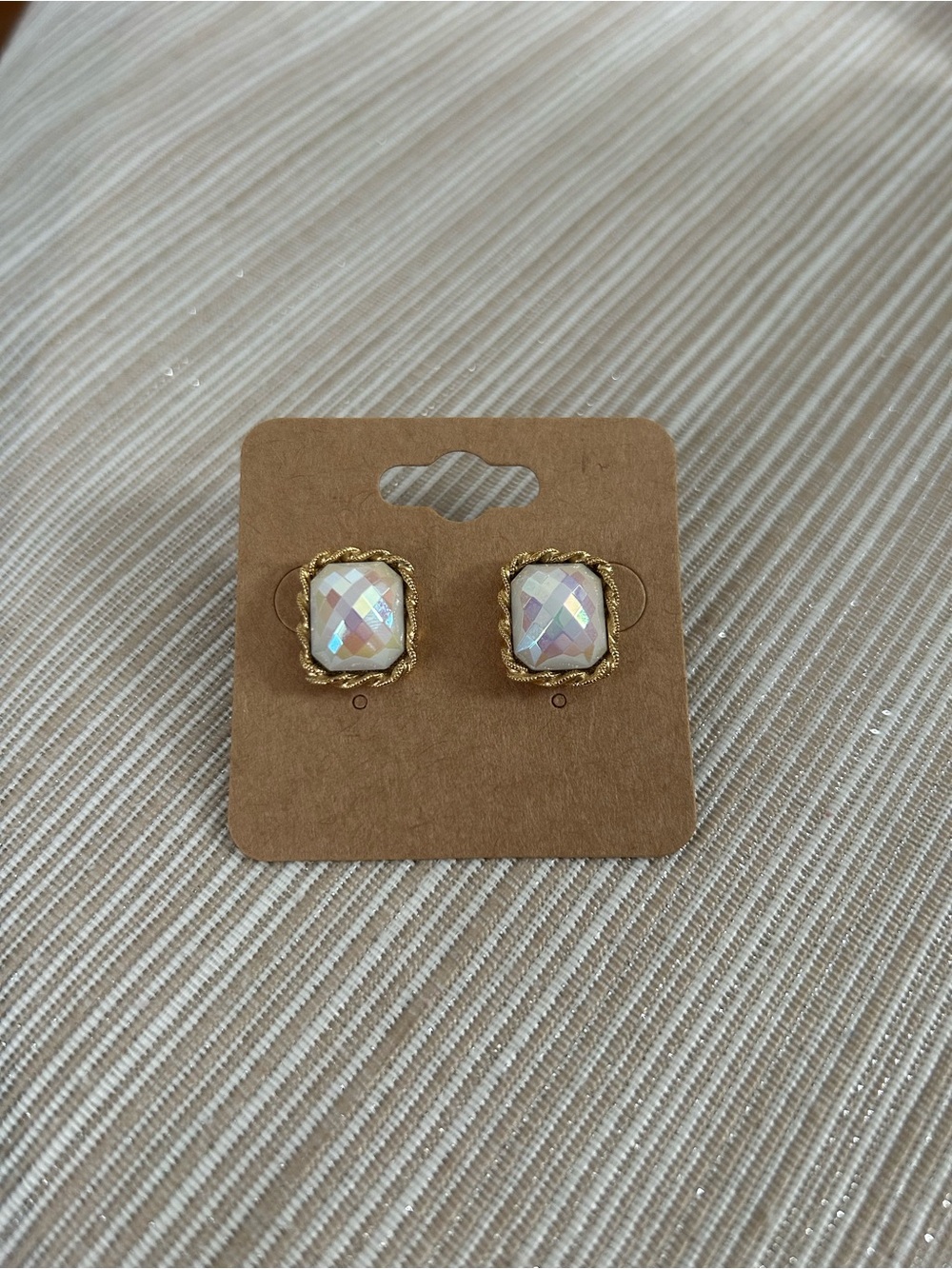 Gold-Trim Iridescent Square Stud Earrings - White